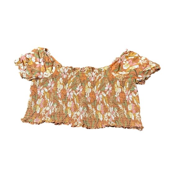 Aerie Peasant Square Neck Smocked Top With Floral Pattern & Puff Sleeves Size L - Picture 6 of 6